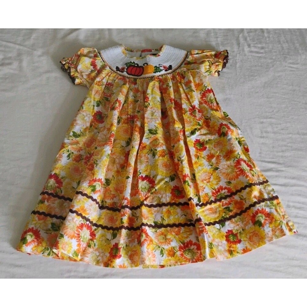 Lil Cactus Girls Fall Floral Smocked Dress 2T Pumpkin Embroidered Cotton EUC